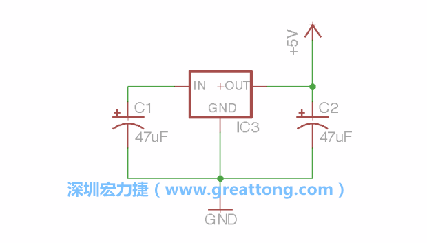 使用「新增（Add）」工具，選擇RBBB → Regulator，把Regulator元件放在畫面左上角的象限上，再使用新增工具來配置兩個(gè)Electrolytic_Caps元件、GND元件和+5V的信號供應(yīng)元件（RBBB → Supply），如圖所示。